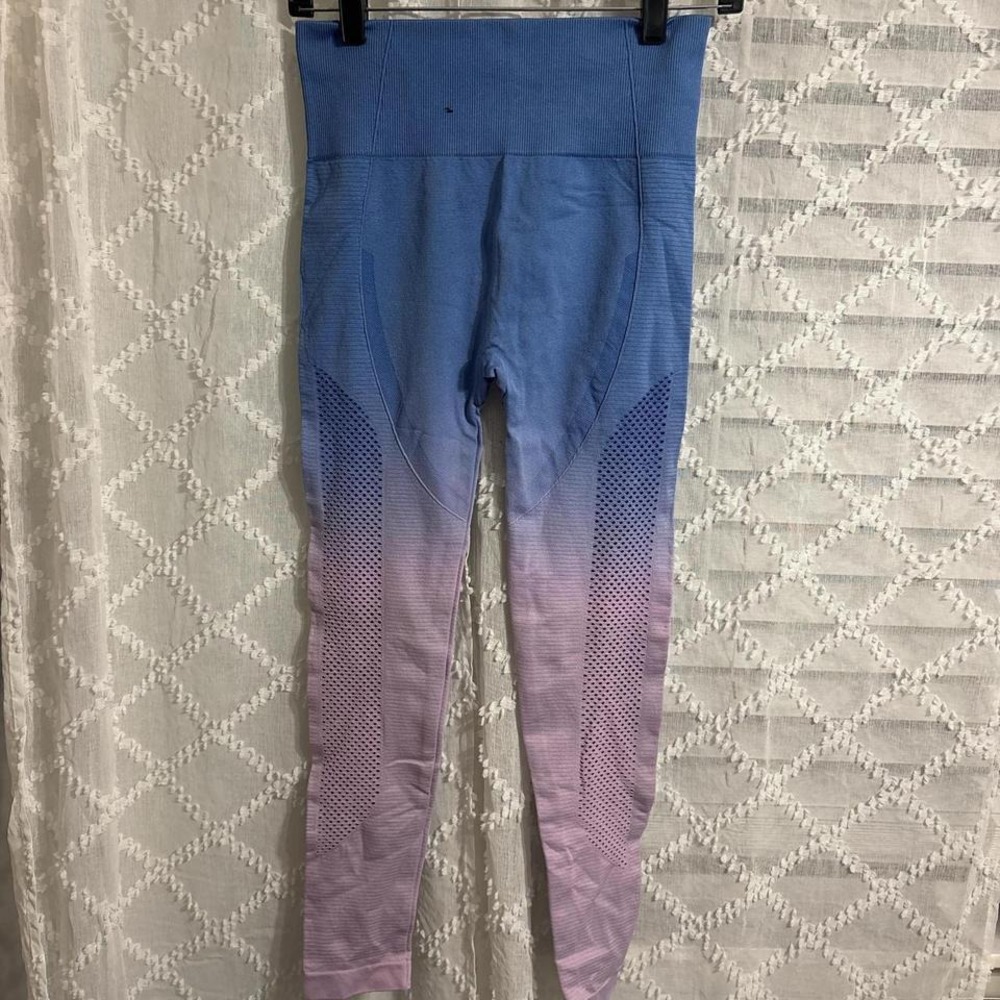 Seamless High Waisted Ombre Gradient Mesh Perforated Leggings Blue Purple Womens